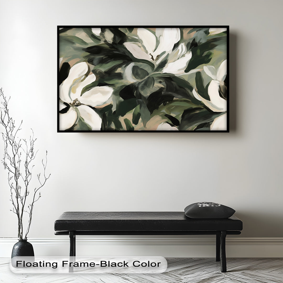 Cream Blooms in Forest Green - Flower Oil Painting