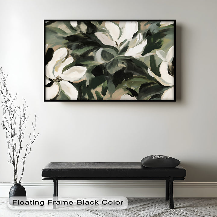 Cream Blooms in Forest Green - Flower Oil Painting