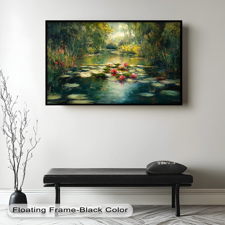 Tranquil Water Lilies in Sunlit Pond – Impressionist Oil Painting