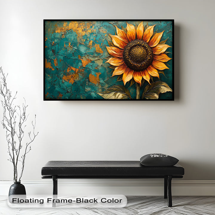 Sunflower on Textured Teal - Flower Oil Painting
