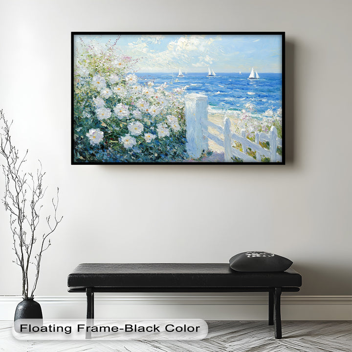 White Rose Garden with Sailboats – Impressionist Oil Painting