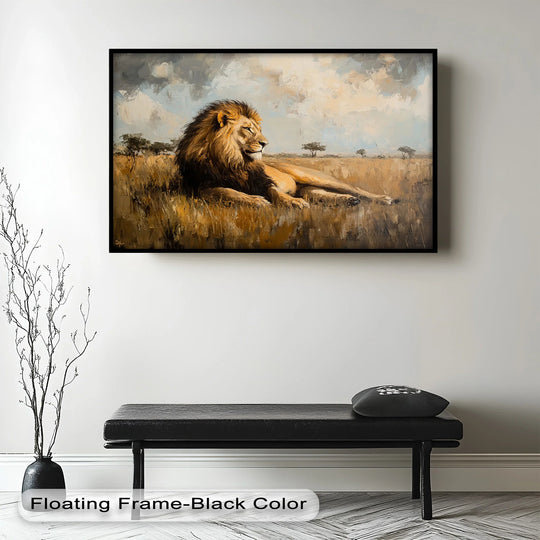A matte finish complements this regal lion oil painting, adding depth to this oil painting reproduction print depicting the majestic Serengeti king in his natural habitat.