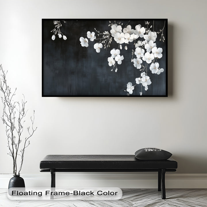 White Cherry Flowers on Midnight Blue - Flower Oil Painting