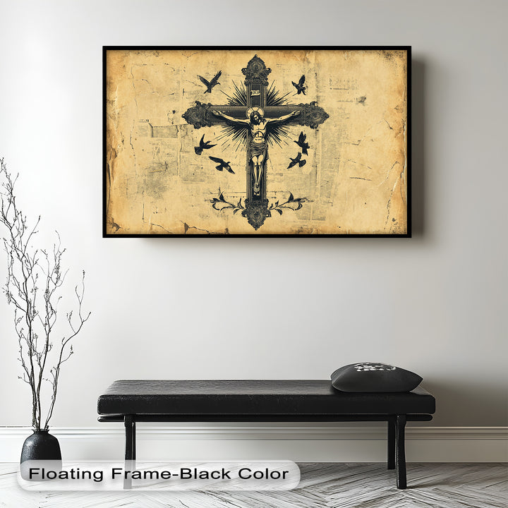 A unique Christian-themed framed artwork portraying Jesus on an elaborately designed cross, set against a textured, old-world background for a timeless, sacred feel.