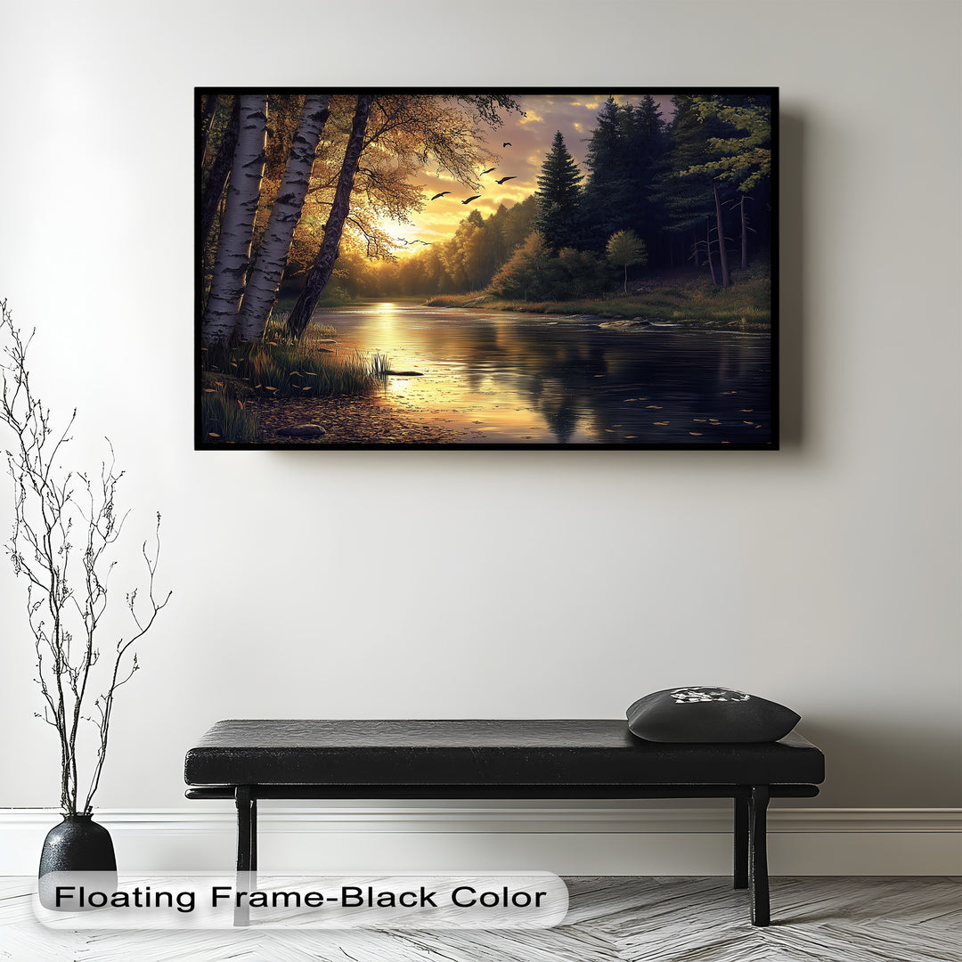 A peaceful river at sunset, with vibrant orange and yellow hues lighting the forest and birds in flight.
