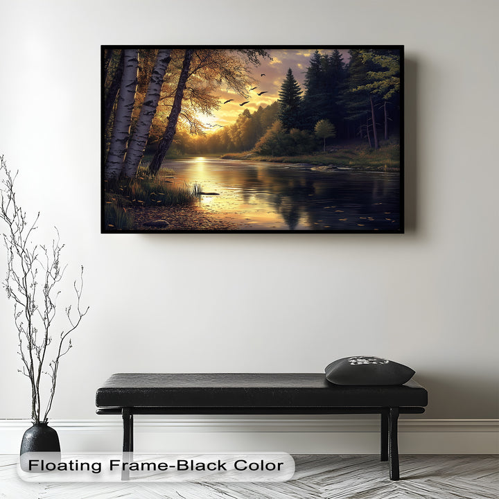 A peaceful river at sunset, with vibrant orange and yellow hues lighting the forest and birds in flight.