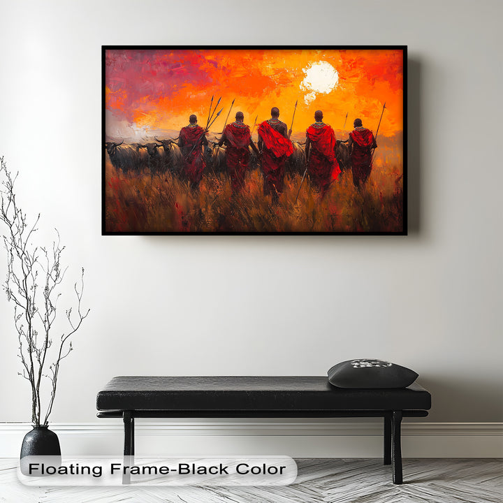 This rustic wall art piece beautifully portrays the resilience of a nomadic lifestyle, set against a dramatic sunset-lit savanna.
