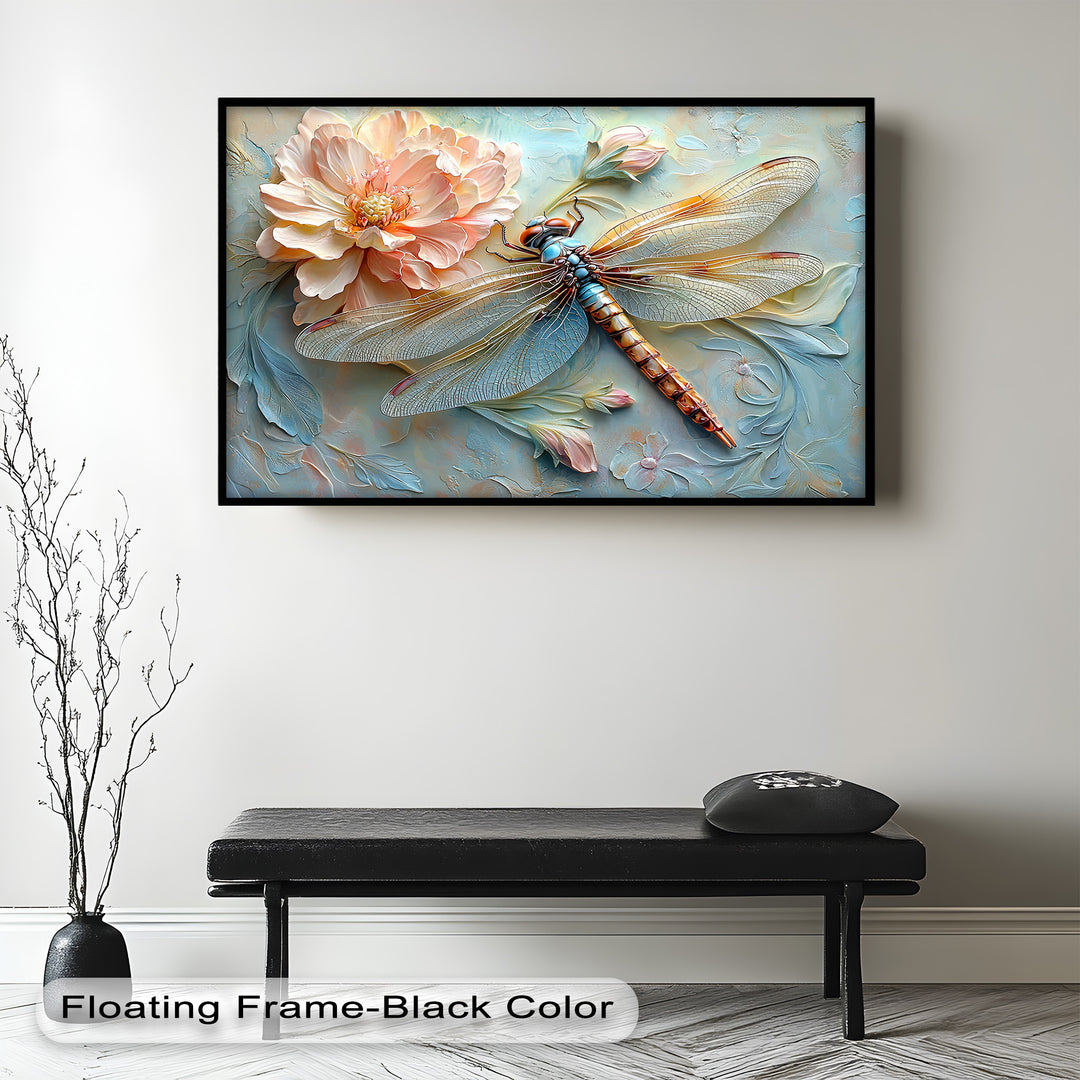 A mesmerizing nature-inspired painting with a golden dragonfly, delicate petals, and sculpted leaves, creating a serene and artistic composition.
