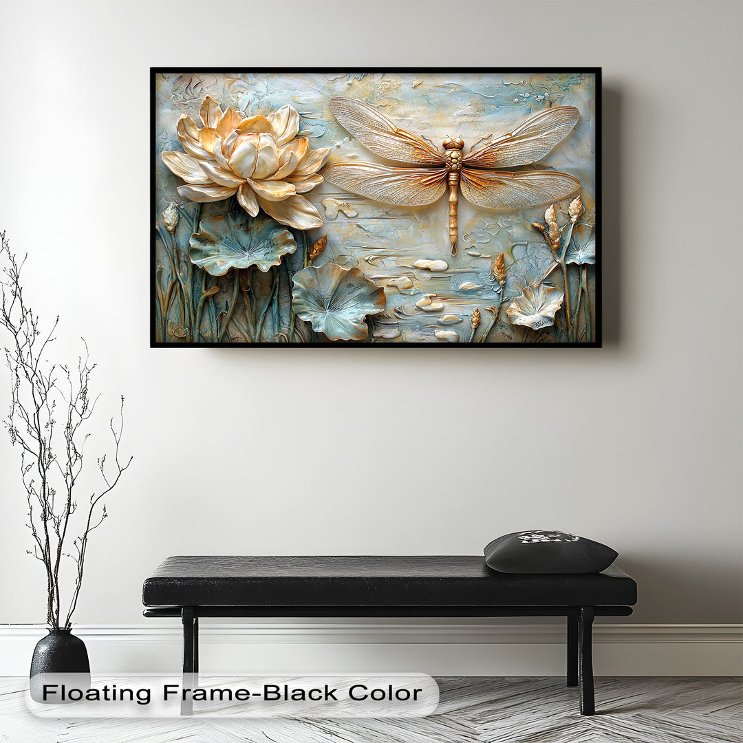 A mesmerizing mixed-media wall art piece depicting a golden dragonfly with sculpted wings, surrounded by lotus flowers and lily pads on a tranquil water surface.