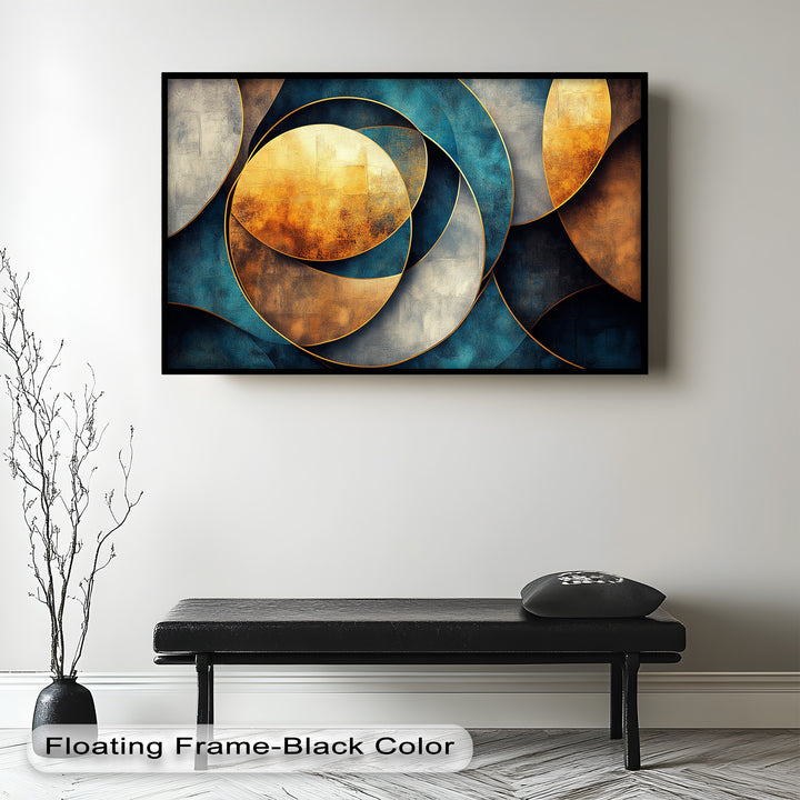 Stylish abstract design with radiant golden spheres and textured teal layers.

