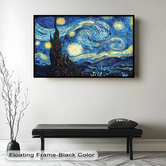 Expressive swirling night sky with glowing stars over a quiet village, painted in dynamic blue and yellow strokes.

