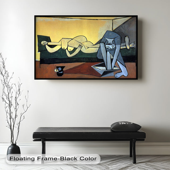 Geometric abstraction of two female figures in a domestic space, one in repose and the other engaged in reading, echoing Picasso’s late period style.