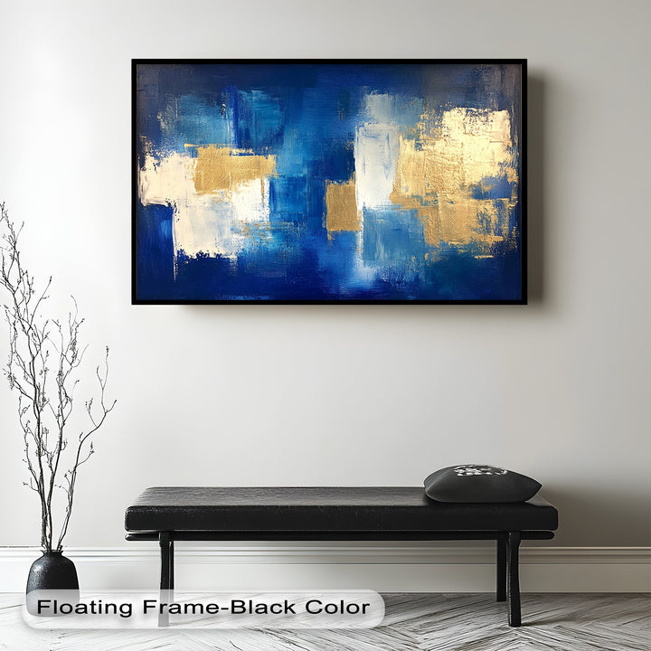 Modern abstract artwork featuring deep blue hues and metallic gold accents.
