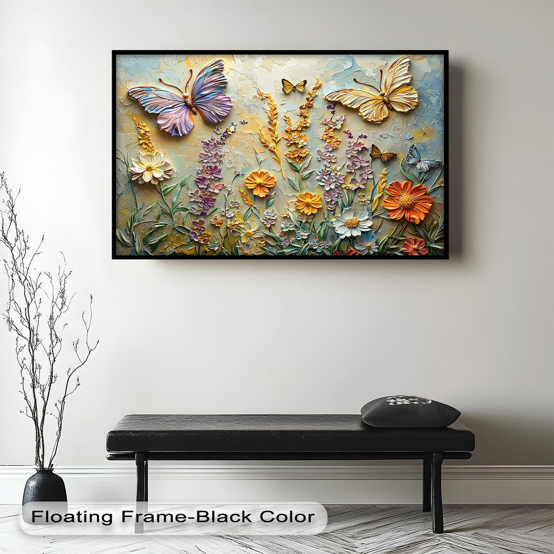 A mesmerizing embossed-style painting capturing a vibrant garden scene with textured botanical elements and delicately crafted butterflies.