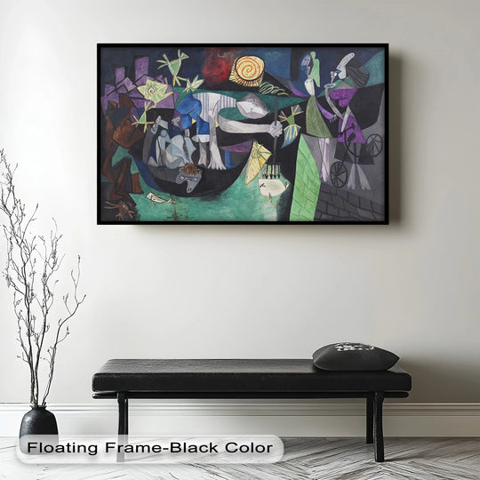 Geometric elements dominate this modern oil painting art, depicting a surrealist tableau in a Picasso-style, showcasing fragmented forms and abstract figures with a dynamic spiral sun.