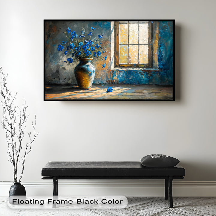 Blue Flowers in Vase – Rustic Still Life Oil Painting