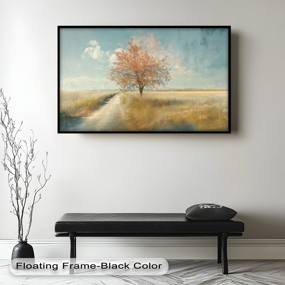 Lone autumn tree painting with golden meadow and soft blue sky.
