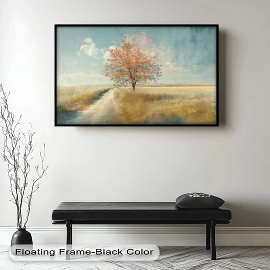 The mood of this lone tree landscape framed oil painting decoration evokes a serene, rustic feel with its soft, golden tones and peaceful, countryside vista.