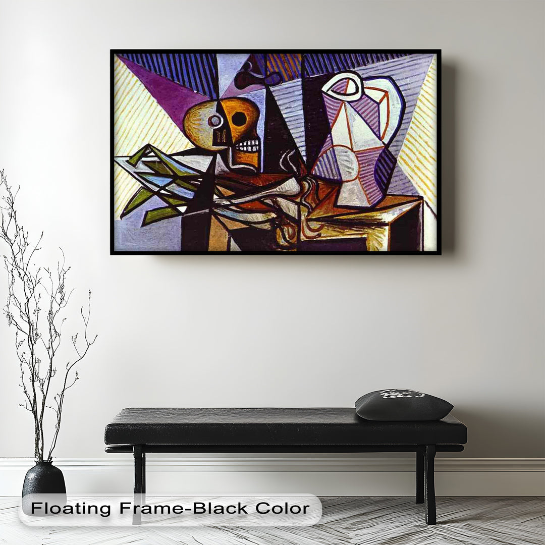 Expressionist skull and jug painting with exaggerated forms and color planes reflecting themes of life and death.