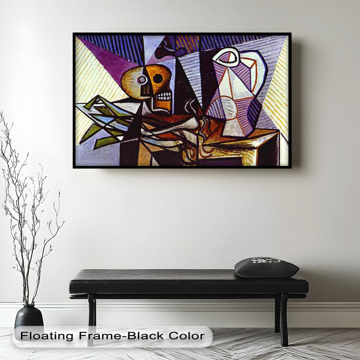 Expressionist skull and jug painting with exaggerated forms and color planes reflecting themes of life and death.
