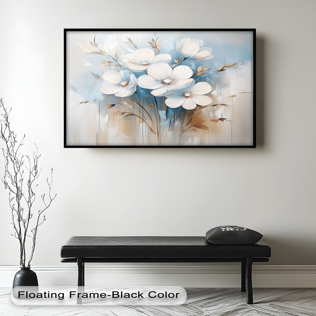 Soft white wildflowers against a pastel blue and beige backdrop.
