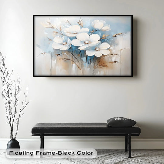 Depicting organic forms with flowing stems and luminous white petals, this floral oil painting showcases modern oil painting art in its rendering of soft white blossoms.
