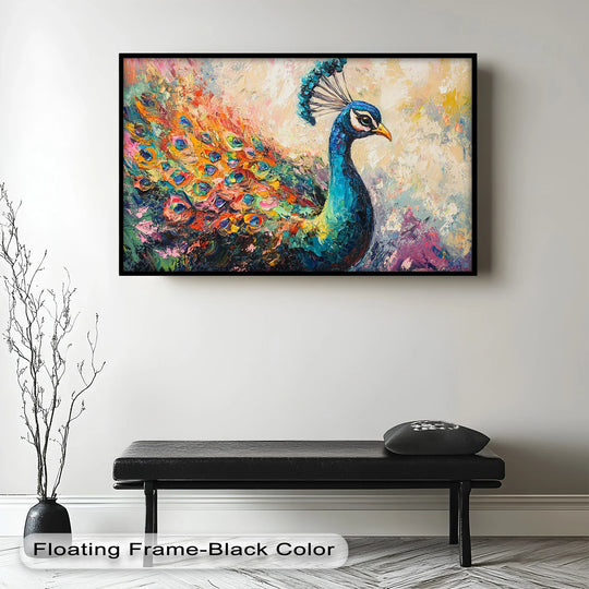 Focal point highlights the vibrant plumage of the peacock in this richly textured animal oil painting reproduction print, showcasing blooming hues and dynamic energy.