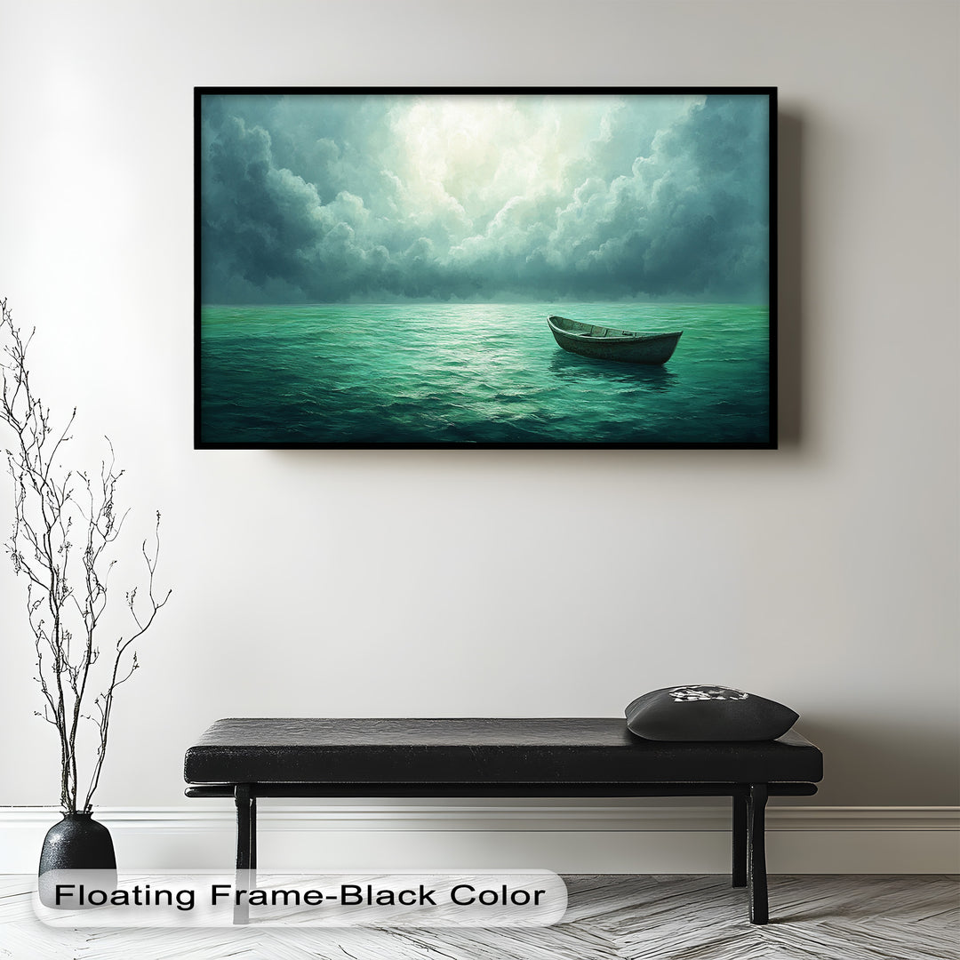 Solitude Adrift – Serene Empty Rowboat Oil Painting