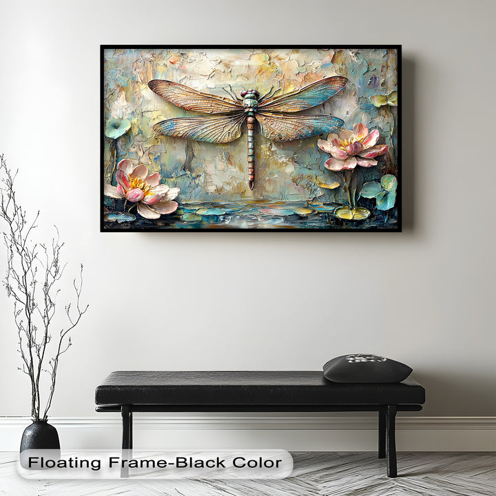 A mesmerizing nature-inspired painting capturing a detailed dragonfly with shimmering wings, set against a layered, textured backdrop with blooming lotus flowers.