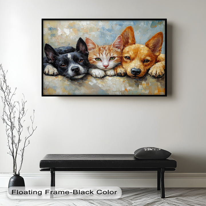 Cat and Dogs Resting Together - Animal Oil Painting
