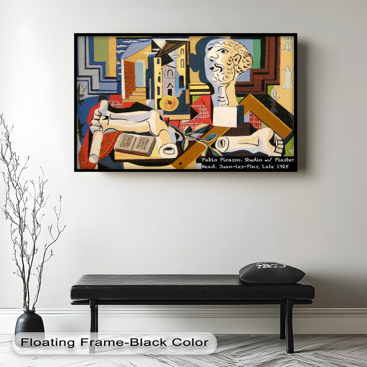 Interior art studio rendered in cubist style, with expressive colors, bold outlines, and a Greco-Roman inspired head sculpture.