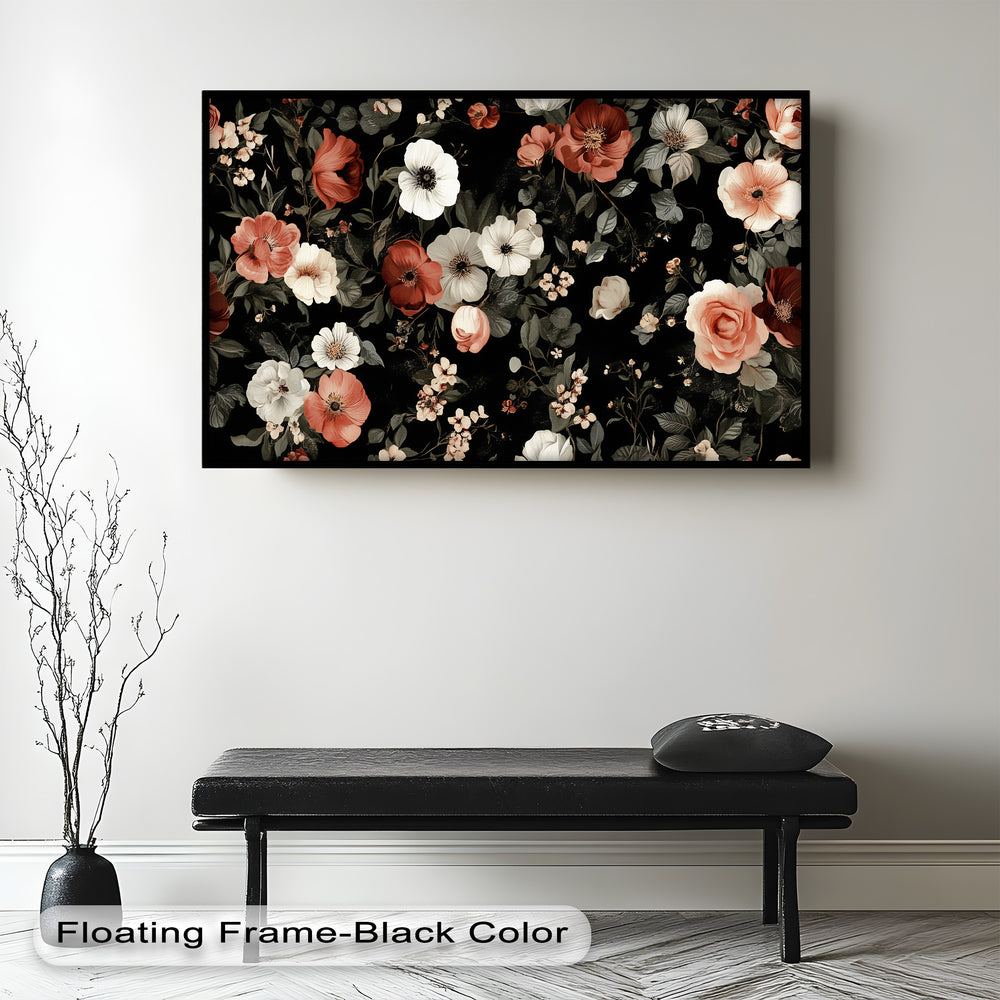 An elegant botanical design with romantic roses and wildflowers in delicate tones, arranged over a dramatic dark
