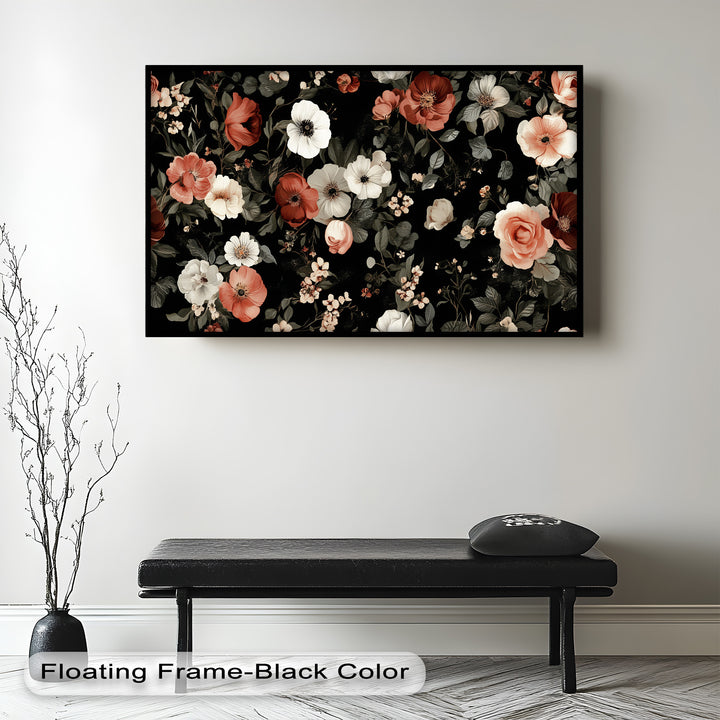 An elegant botanical design with romantic roses and wildflowers in delicate tones, arranged over a dramatic dark