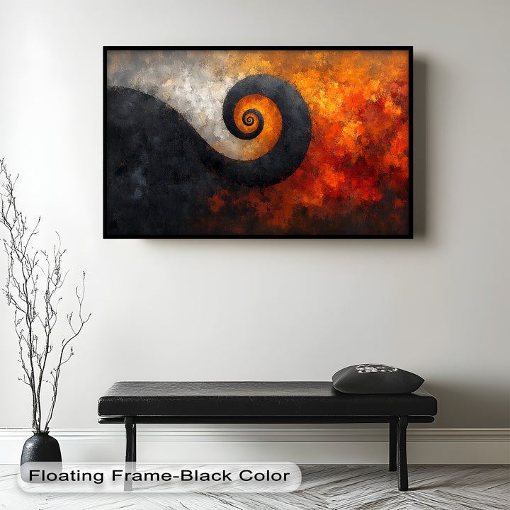 Abstract spiral painting with fiery orange and deep black contrasts.
