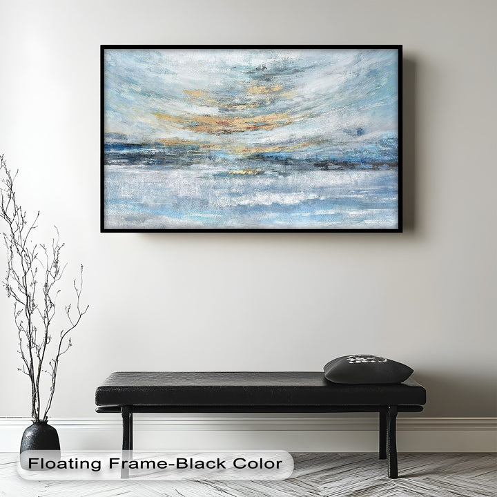 A calming framed artwork featuring an abstract ocean or sky scene, with gentle color transitions and textured depth for a sophisticated look.