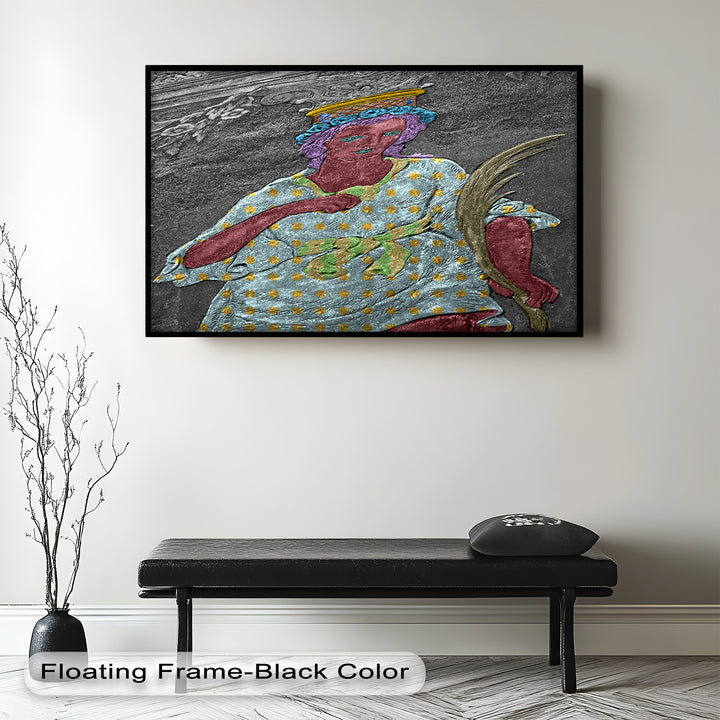 Geheiligte Blüte – Polychromes Engelrelief-Ölgemälde