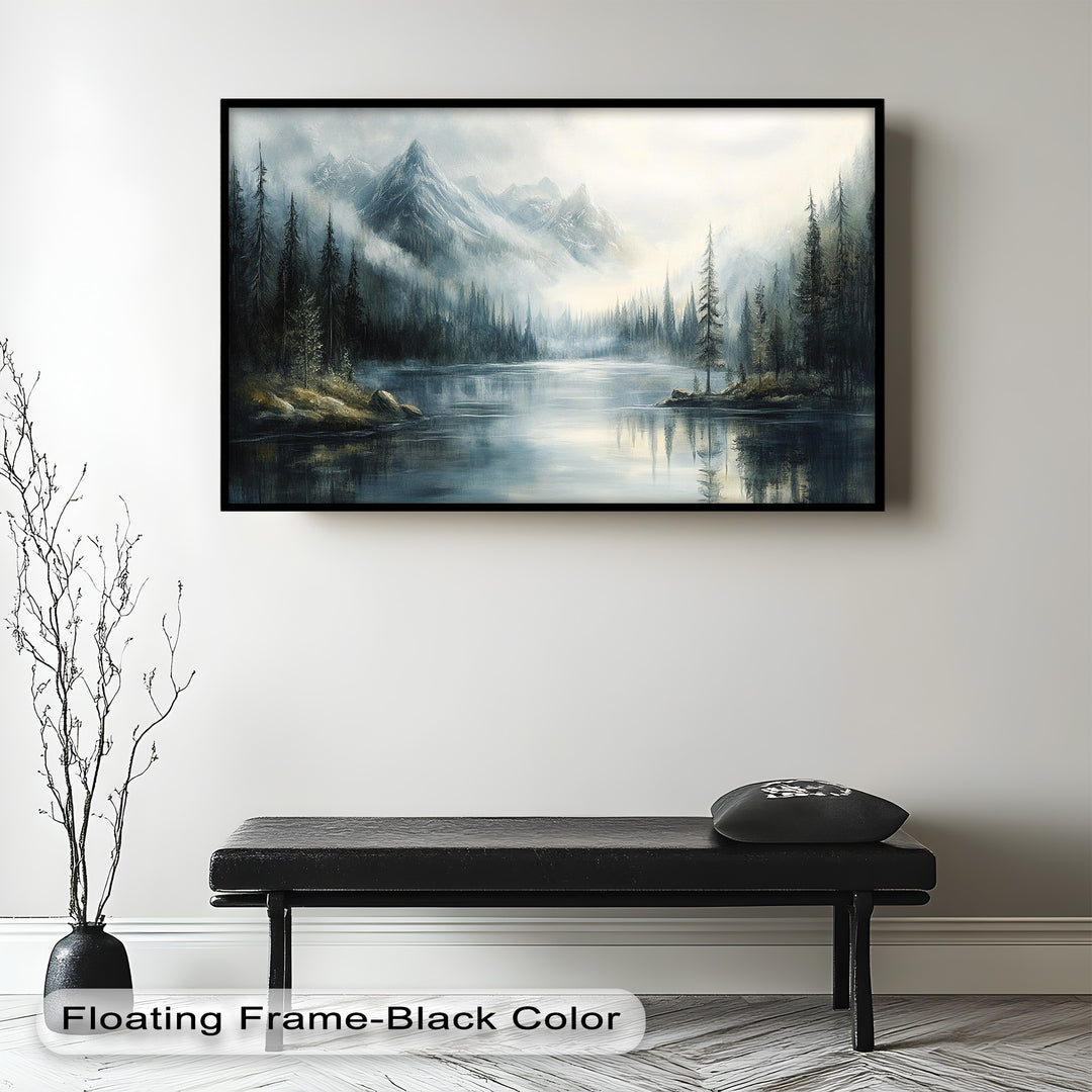A peaceful tribute to alpine stillness, this painting invites the viewer into a dreamy, fog-shrouded sanctuary of forest and water.