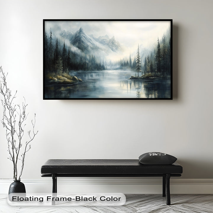 A peaceful tribute to alpine stillness, this painting invites the viewer into a dreamy, fog-shrouded sanctuary of forest and water.