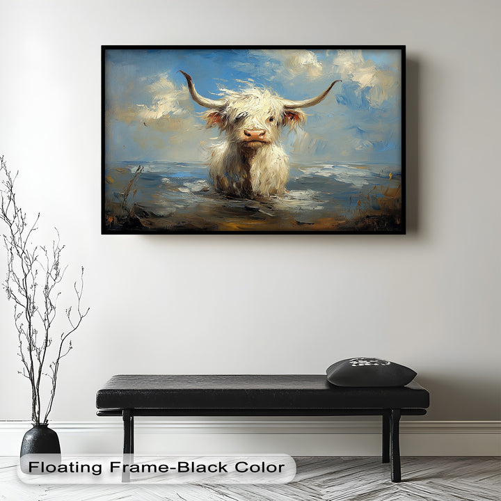 Highland Cow in Coastal Waters – Animal Oil Painting