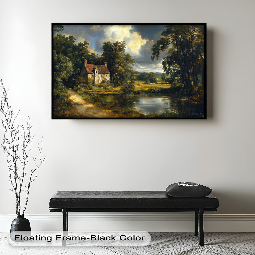 A charming countryside cottage stands nestled among lush greenery, as a tranquil pond reflects the golden light filtering through the trees in this idyllic rural scene.