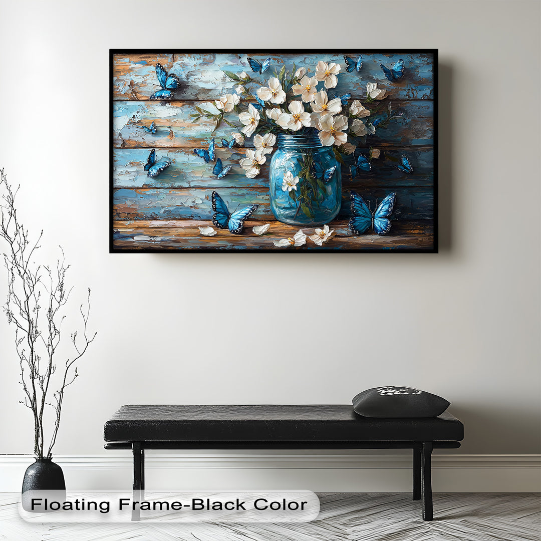 A beautifully textured painting featuring a rustic blue mason jar filled with delicate white flowers, surrounded by vibrant blue butterflies against a weathered wooden background.