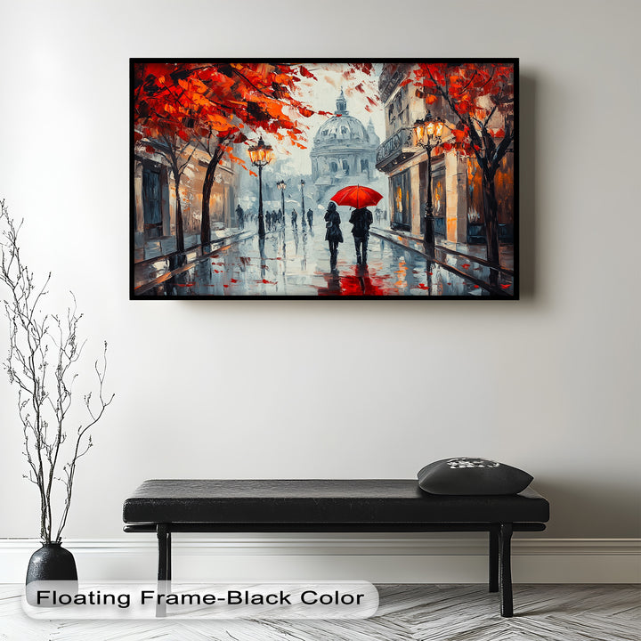 Lovers Walking with Red Umbrella - Love Oil Painting