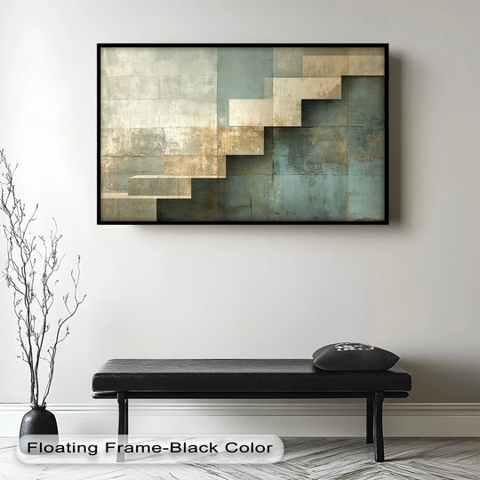 The geometric elements in this modern abstract oil painting wall art, titled 'Geometric Steps Abstract,' display intersecting beige and blue textured blocks forming a stepped design.