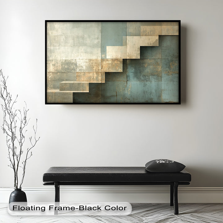 Minimalist wall art featuring layered blocks in soft blues and metallic highlights.
