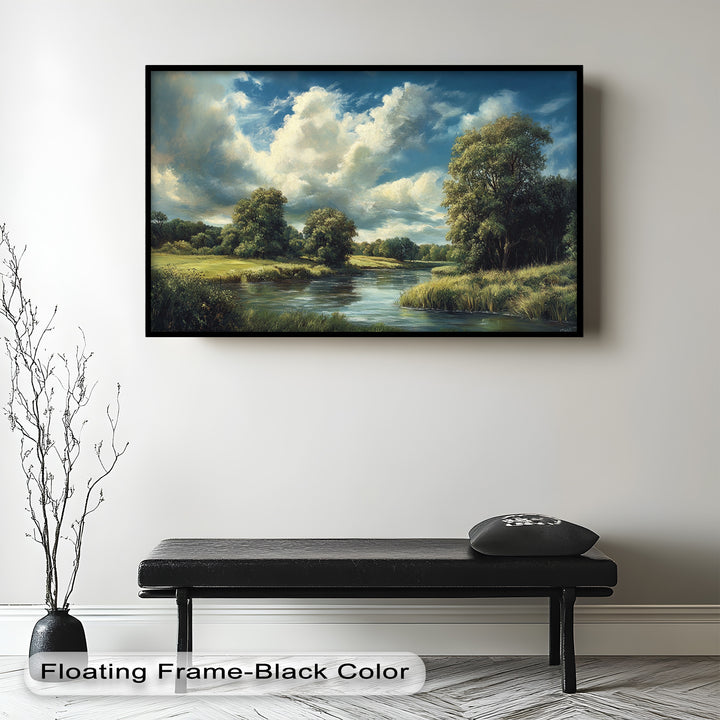Pastoral riverside painting with vivid greenery and dramatic clouds.
