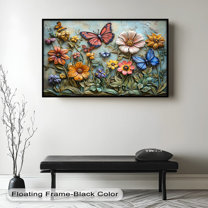 A luxurious nature-inspired artwork depicting a harmonious blend of blooming wildflowers and gracefully soaring butterflies, creating depth and movement.

