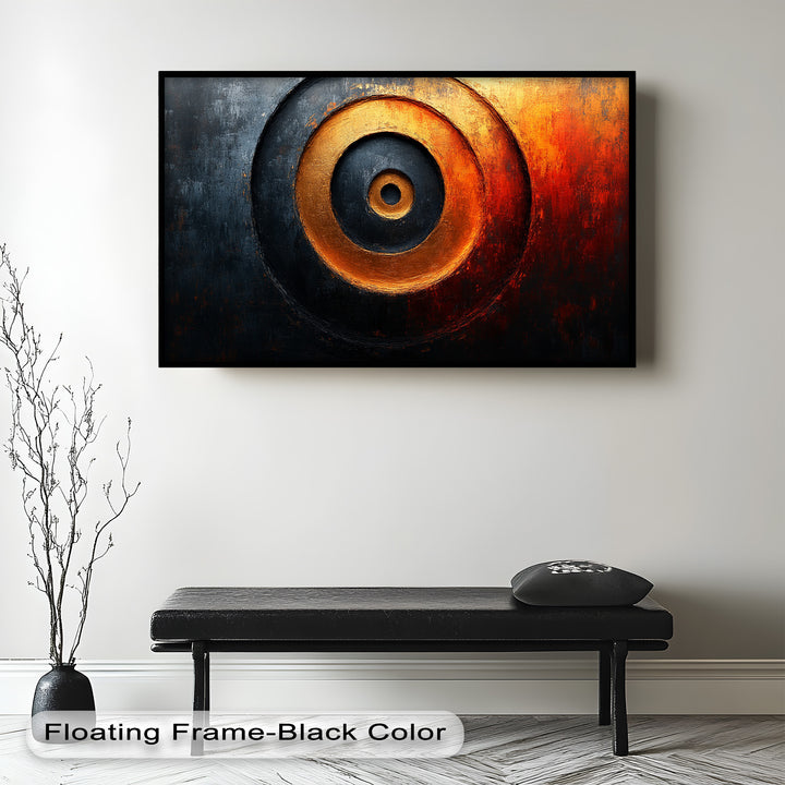 Contemporary circular design with radiant gold tones and textured depth.

