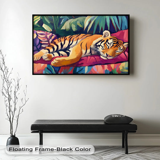 The focal point reveals a vivid resting tiger in this fauvist jungle art, an evocative oil painting home decor piece.