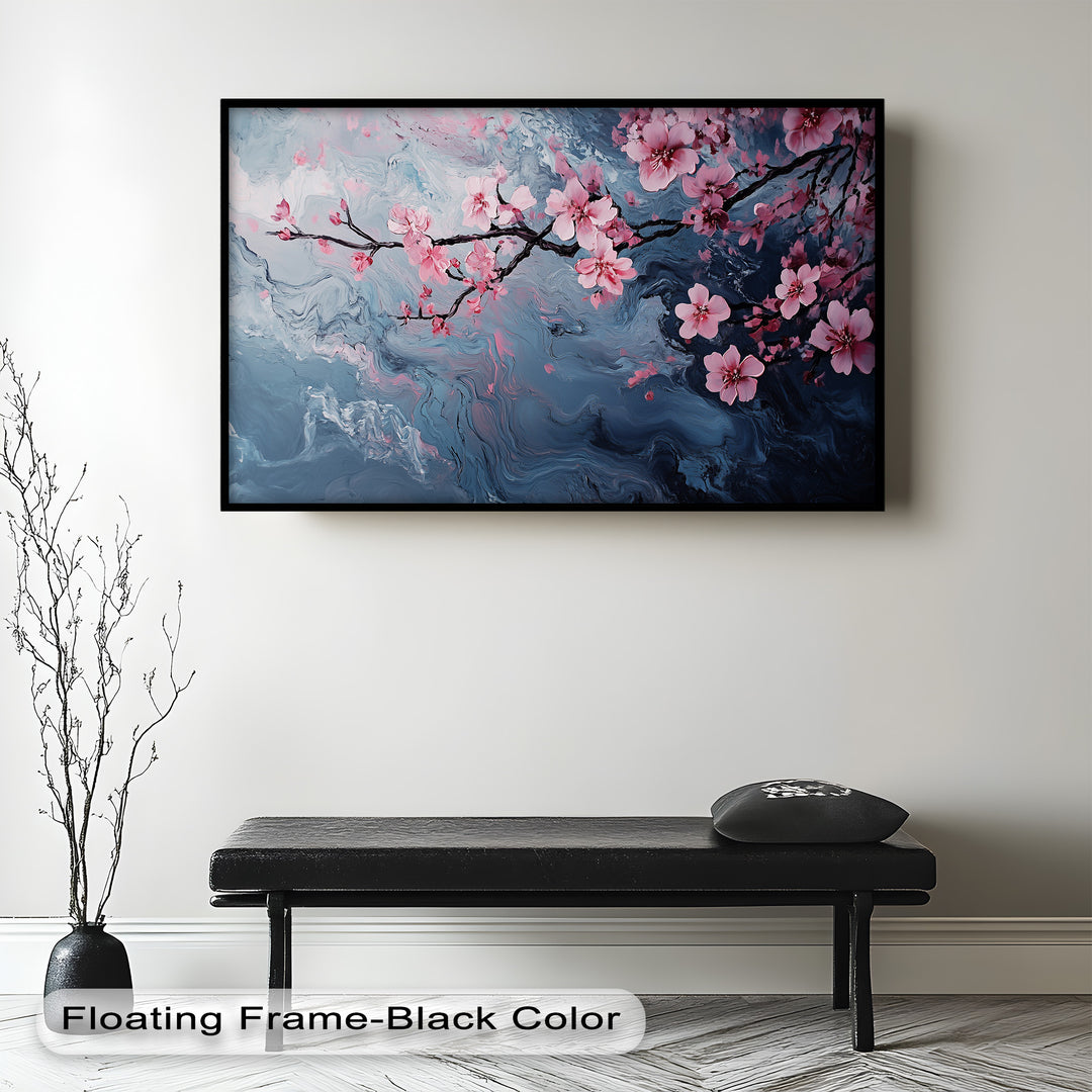 A graceful branch of pink cherry blossoms set against a swirling abstract background of deep blues and soft pastels.