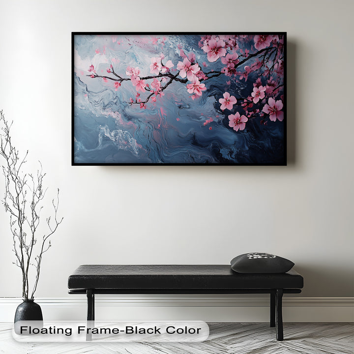 A graceful branch of pink cherry blossoms set against a swirling abstract background of deep blues and soft pastels.